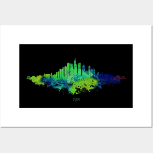 Chicago City Skyline - Green Watercolor silhouette on Black Background Posters and Art